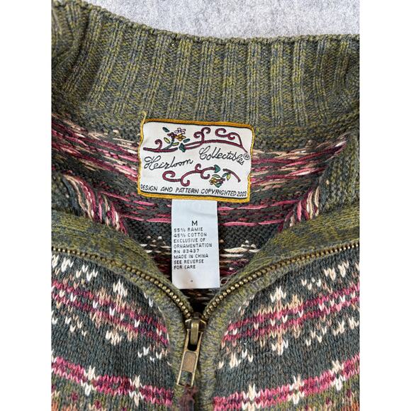 Vtg Y2K Heirloom Collectibles Fair Isle Zip Up Sweater Women M Green Ramie Blend - Picture 2 of 5